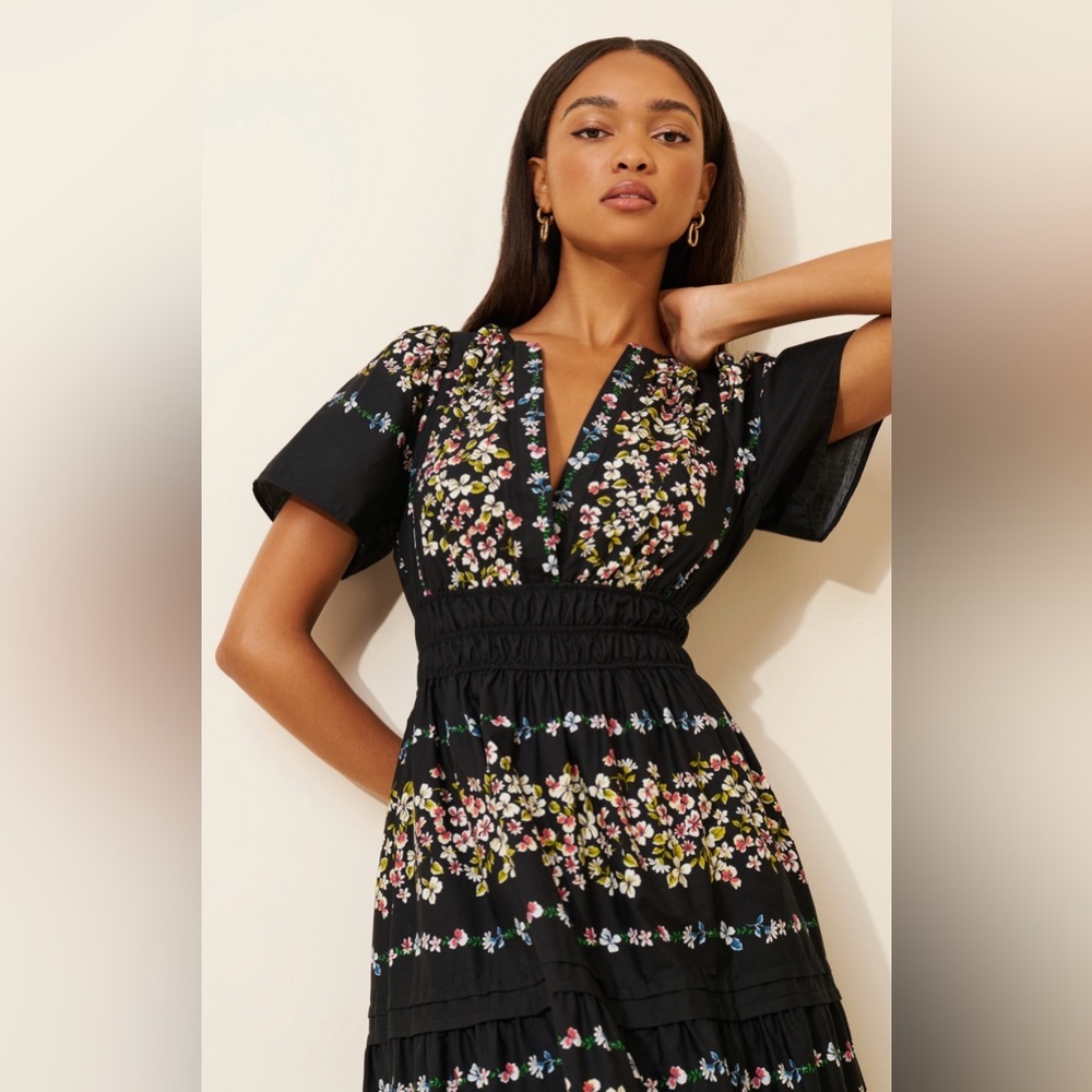 Anthropologie Somerset Maxi Dress Black Floral 100% Cotton Smocked Waist Size M - Picture 3 of 7